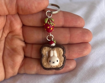 Miffy Strawberry Toast Keychain Charm - 1 Inch - Polymer Clay, Resin Glazed