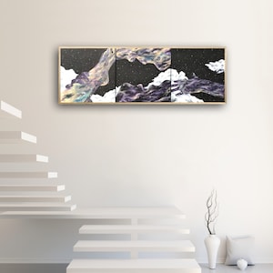 Sharin' / Obra original de arte UV, brillando con luz ultravioleta, estado de ánimo para el amor, nubes, estrellas, 3 del conjunto