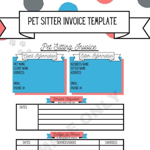 Peut inclure: Un modèle d'invoice imprimable pour un pet sitter avec un fond à pois rose, bleu et gris. Le modèle comprend des sections pour les informations du client, les informations du pet sitter, les services rendus, les frais de services et le paiement.