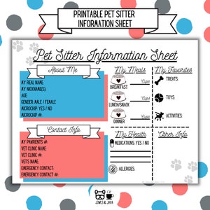 Digital Pet Sitter Information Sheet, Pet Information, Downloadable Pet Sheet, Printable Pet Sitter Sheet, Pet Sitter Checklist, Dog Sitter