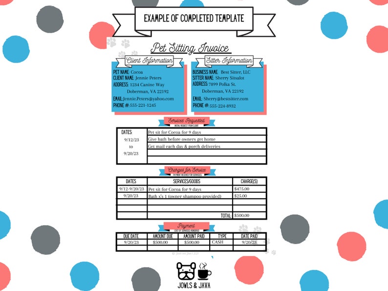 Pet Sitter Invoice Template (fillable PDF) L Pet Sitting Invoice L Pet ...