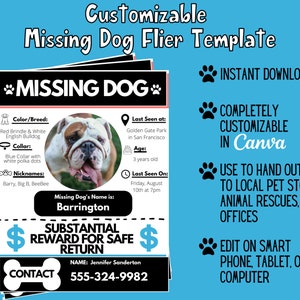 Customizable Missing Dog Flier Template - Digital Download - Missing Pet - Customizable in Canva - Instant Download