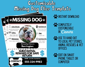 Customizable Missing Dog Flier Template - Digital Download - Missing Pet - Customizable in Canva - Instant Download