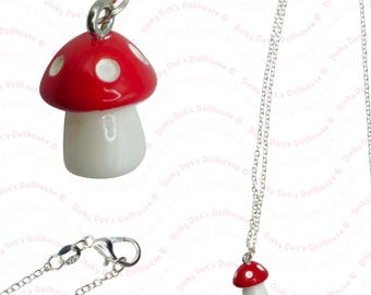 Tiny Toadstool Hand-Painted Pendant Silver Chain Necklace • Miniature Fairycore Statement Novelty Gift • Jewellery Accessories