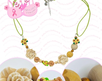 Upcycled Bra Underwire Bib Statement Necklace • Brown Neutral Floral Flowers Wood Rose • Breast Cancer Awareness Charity Fundraiser Gift