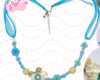 Upcycled Bra Underwire Bib Statement Necklace • Blue Floral Flowers Shell Summer Hawaiian • Breast Cancer Awareness Charity Fundraiser Gift