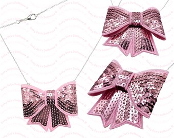 Pale Pink Sequin Giant Sparkly Bow Pendant Necklace • Chunky Dramatic Oversized Statement Novelty Jewellery Accessories • Gifts for Girls