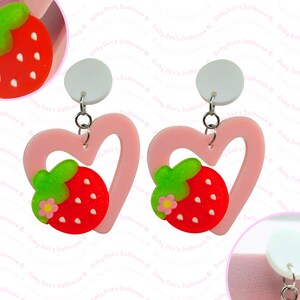 Pink Heart & Glitter Strawberry Dangly Stud Hybrid Earrings • Fruit Fairycore Novelty Statement Oversized Dramatic Chunky Costume Jewellery