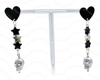 Halloween Skulls & Stars Beaded Dangly Stud Hybrid Earrings • Novelty Statement Theme Chunky Costume Jewellery • Spooky Goth Witch Samhain