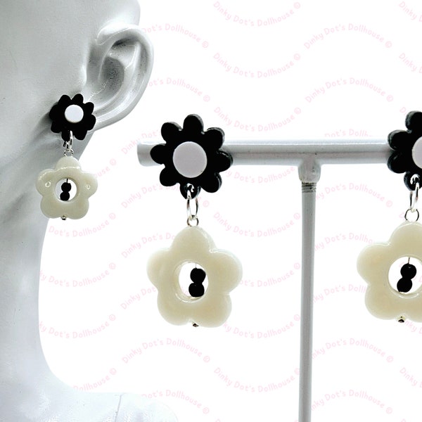 Black & White Simplistic Beaded Flower Dangly Stud Hybrid Earrings • Novelty Statement Theme Costume Jewellery • Slow Fashion One-Off OOAK