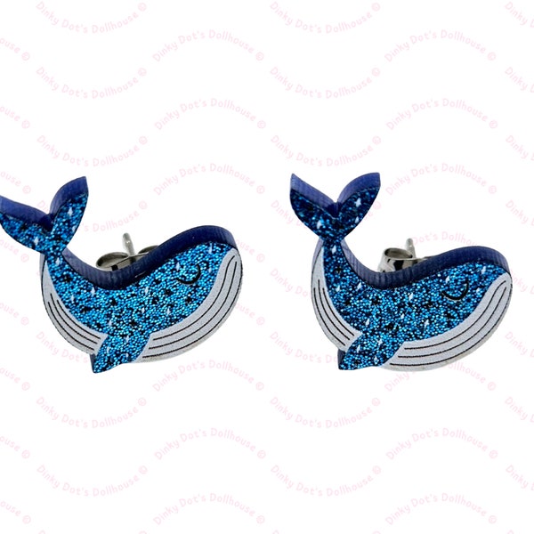 Glitter Whale Ocean Sea Creature Animal Lasercut Acrylic Stud Earrings • Quirky Kawaii Novelty Mini Eco-Friendly • Jewellery Gifts for Women