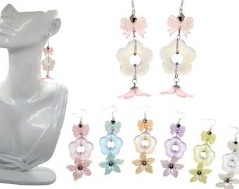 Pastel Holographic Flower Bow Beaded Hook Earrings • Sterling Silver Hooks • Cute Dainty Kawaii Lolita Budget Jewellery Gifts for Women