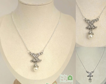 Upycled Faux Pearl & Rhinestone Pendant Chain Necklace • Silver Bridgerton Style Georgian Era Thrifted Statement Dramatic  Costume Jewellery
