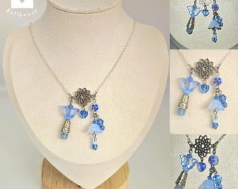 Blue Glass Floral Fairy Clutter Charms Pendant Silver Chain Necklace • Dainty Delicate Jewellery Accessories • Summer Gifts for Women