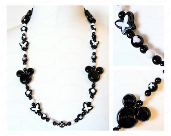 Black & White Mouse Butterfly Chunky Beaded Necklace • Handmade Statement Novelty Kidcore 90s Bold Rave Jewellery Gift for Women/Girls