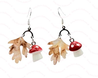 Autumn Fall Brown Glitter Leaf & Toadstool Charm Hook Earrings •  Delicate Cottagecore Forestcore Witch Statement Jewellery Accessories