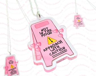 Not In the Mood Wet Floor Sign Acrylic Pendant Silver Chain Necklace • Funny Sarcastic Statement Novelty Gift • Jewellery Accessories