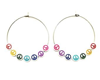 Rainbow Peace Bead Hoop Earrings - Sterling Silver Lever Back Hoops Novelty Cute Kawaii Eco Friendly Vegan Jewellery Gifts for Women & Girls