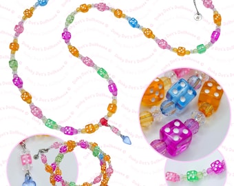 Pastel Bright Dice & Heart Plastic Beaded Long Multiway Necklace  • Handmade Novelty Maximalist Fun Kidcore Statement Jewellery
