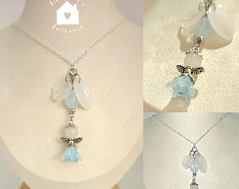 Blue Glass Floral Fairy Charm Pendant Silver Chain Necklace • Dainty Delicate Jewellery Accessories • Summer Gifts for Women