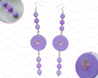 Oversized XL Purple Grape Beaded Dangle Hook Earrings • Fun Novelty Statement Theme Chunky Costume Jewellery • Gift for Her