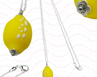 Silicone 3D Lemon Pendant Silver Chain Necklace • Miniature Fruit Novelty Statement Novelty Gift • Jewellery Accessories Stocking Filler