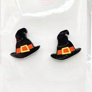 Lasercut Glitter Acrylic Halloween Witch Hat Miniature Stud Earrings ~ Hypoallergenic Cute Novelty Jewellery Gifts for Women & Girls