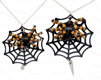 Orange & Black Glass Beaded Spider Web Pendant Necklace • Halloween Gothic Chunky Dramatic Oversized Statement Novelty Jewellery Accessories