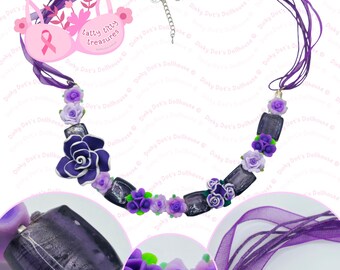 Upcycled Bra Underwire Bib Statement Necklace • Purple Lilac Floral Flowers Blown Glass  • Breast Cancer Awareness Charity Fundraiser Gift
