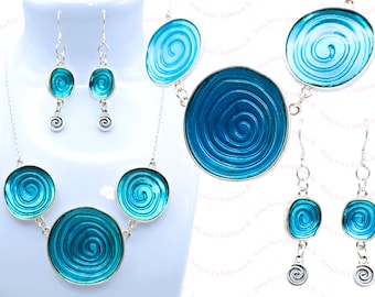 Recycled Silver & Blue Spiral Matching Jewellery Set • Handmade Upcycled Eco Friendly Statement Luxury Costume Jewellery Gifts for Women