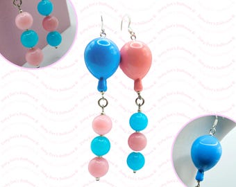 Mismatched Pastel Blue & Pink Balloon Beaded Dangle Hook Earrings • Fun Novelty Statement Theme Chunky Costume Jewellery • Gift for Her