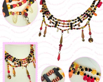 Fiery Autumn Toned Glass Layered Beaded Collar Necklace • Luxury Gothic Aesthetic Costume • Alternative Jewellery Gift for Women