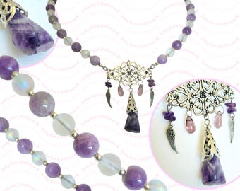 Amethyst Quartz Stone Chandelier Crystal Pendant Beaded Necklace • Luxury Gemstone Wiccan Witch Goth • Alternative Jewellery Gift for Women