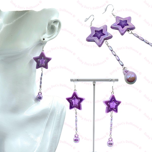 Purple Holographic Star Dangly Giant Beaded Hook Earrings • Ravecore Kidcore Y2K Kandi Neon Party Jewellery • Dramatic Statement Earrings