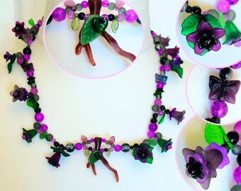 Gothic Dark Flower Garden Glass Flower Beaded Necklace • Luxury Floral Colourful Statement Long Layer • Alternative Jewellery Gift for Women