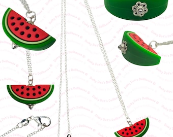 Silicone Watermelon Pendant Silver Chain Necklace • Miniature Fruit Novelty Statement Novelty Gift • Jewellery Accessories Stocking Filler
