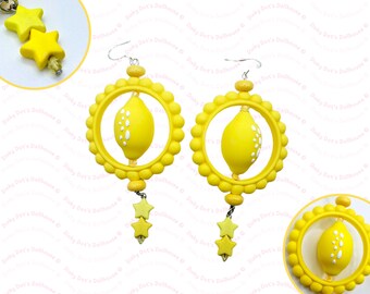 Oversized 3D Yellow Lemon Beaded Wreath Star Dangle Hook Earrings • Fun Novelty Statement Theme Chunky Costume Jewellery • Gift for Her