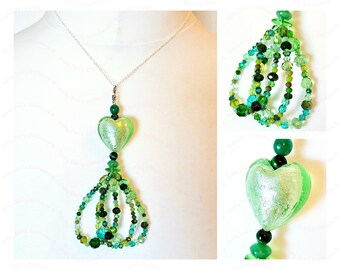 Green Glass Heart Beaded Loops Pendant Chain Necklace • Handmade Eco Friendly Statement Luxury Costume Jewellery Gift for Women/Girls