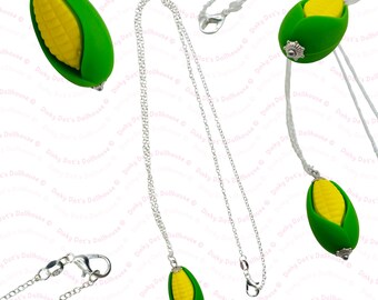 Silicone Corn Pendant Silver Chain Necklace • Miniature Vegetable Novelty Statement Novelty Gift • Jewellery Accessories Stocking Filler