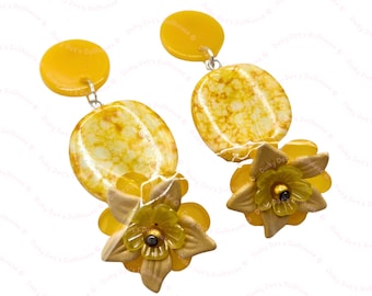 Autumn Yellow & Gold Flower Beaded Dangly Stud Hybrid Earrings • Floral Daffodil Forestcore Novelty Statement Theme Chunky Costume Jewellery