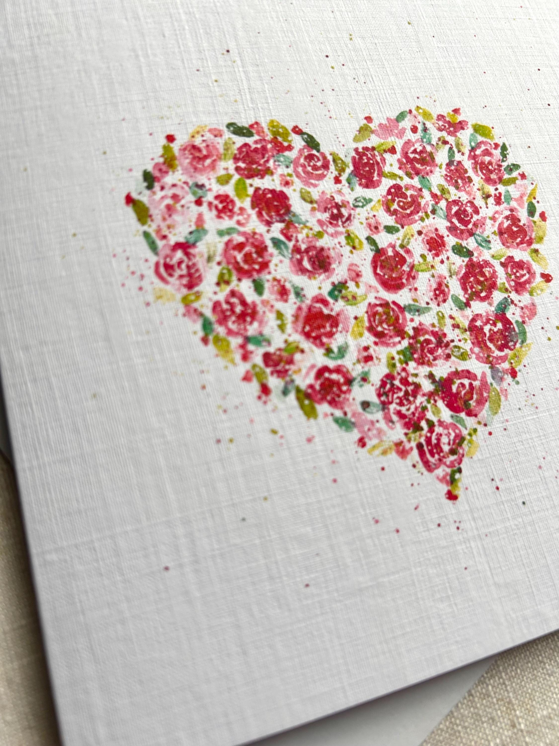 Floral Heart Card, Blank Greeting Card, Romantic Love Card, Watercolour ...