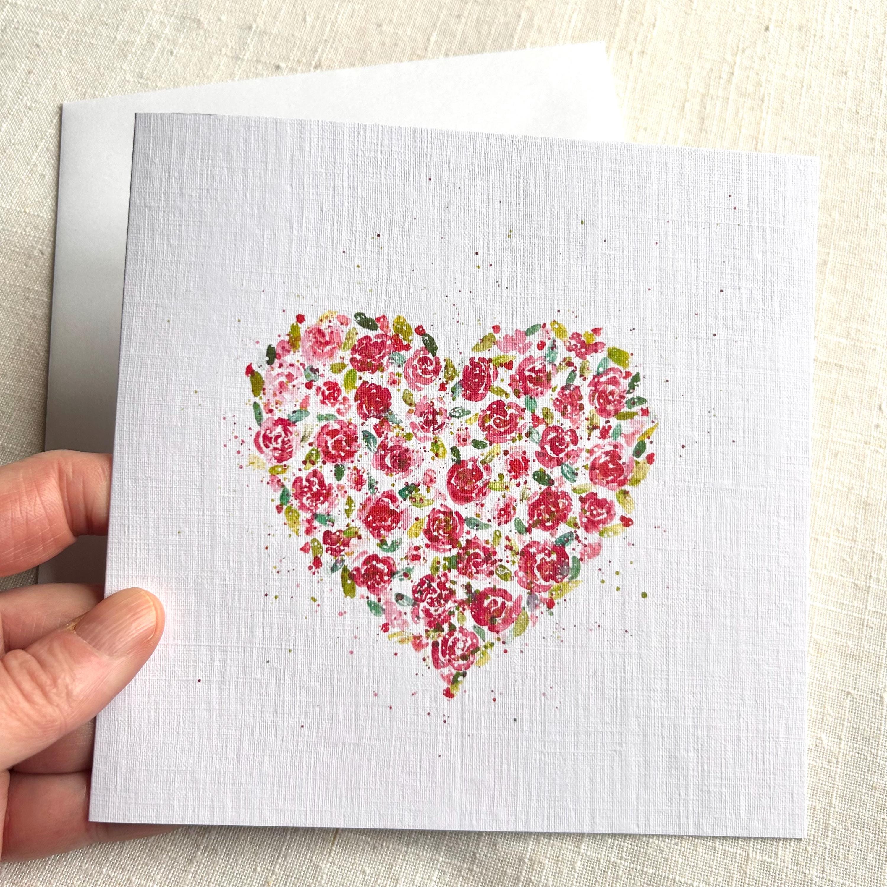 Floral Heart Card, Blank Greeting Card, Romantic Love Card, Watercolour ...
