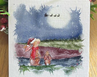 Rabbit christmas card, watercolour bunny christmas card, santa christmas card, woodland holiday greeting, handmade card