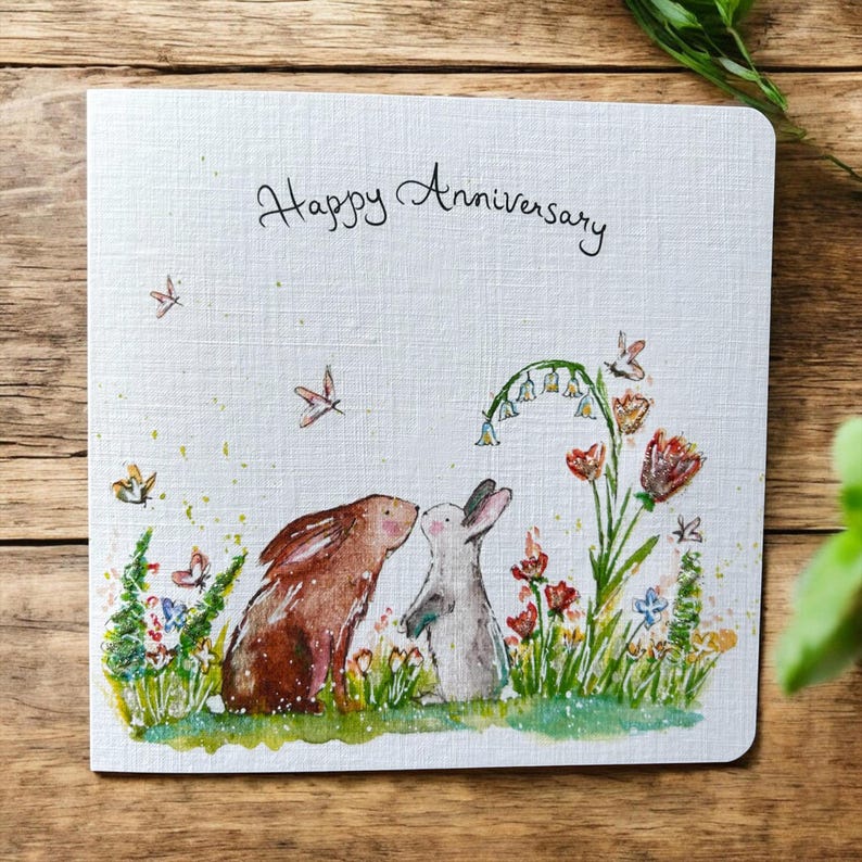 Bunny Anniversary Card, Watercolour Rabbit Love Card, Cute Anniversary ...