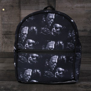 Frankestein and Bride Mini Backpack. Frankestein and Bride Backpack. Frankestein Mini Backpack. Bride of Frankestein Mini Backpack.