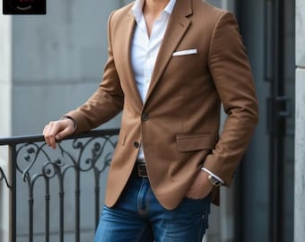 Blazer pour homme en lin marron - Coupe slim, deux boutons, pour marié