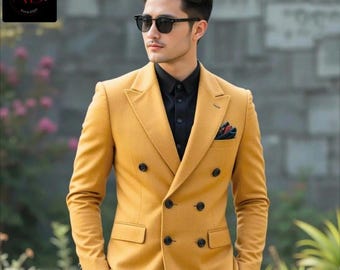 Mustard Double Breasted Suit: Men's Slim Fit Wedding Groom Wear