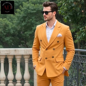 Men Suits - 2 Piece Mustard Suit - Double Breasted Suits - Men Suit Formal - Wedding Wear Suit - Suit For Groom - Yellow Mustard Suits
