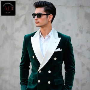 Men Tuxedo Suits - Double Breasted Slim Fit Suits - Green Velvet Jacket White Pant - Men Suit Wedding - Groom Wear Suit - Gift For Men