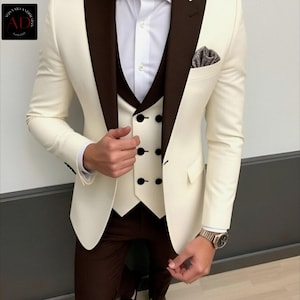 Ivory and Brown -3 Piece Suit - One Button Jacket - Double Breasted Waistcoat